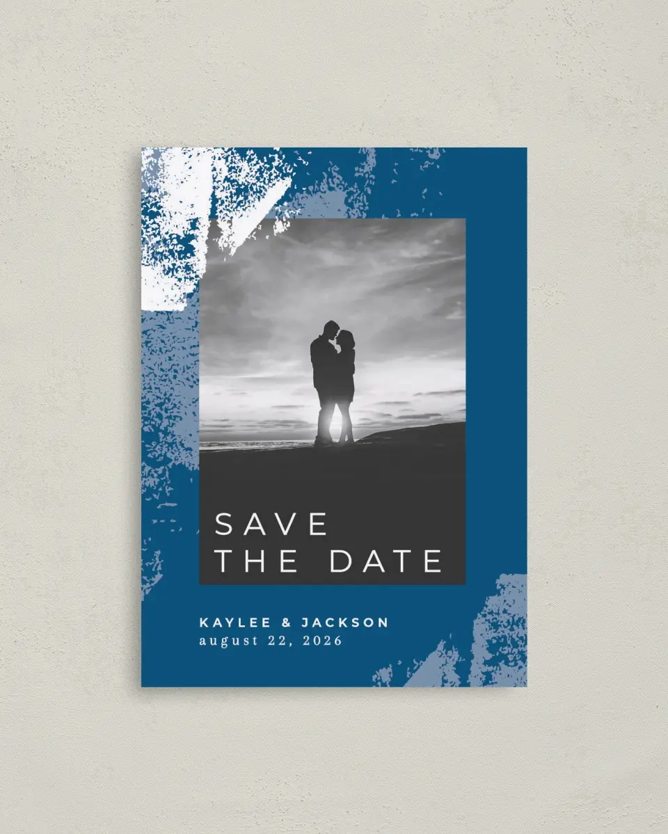 This is a 4" x 5.6" Save the Date Postcard called Set in Stone printed in full color on Soft Touch Finish paper
