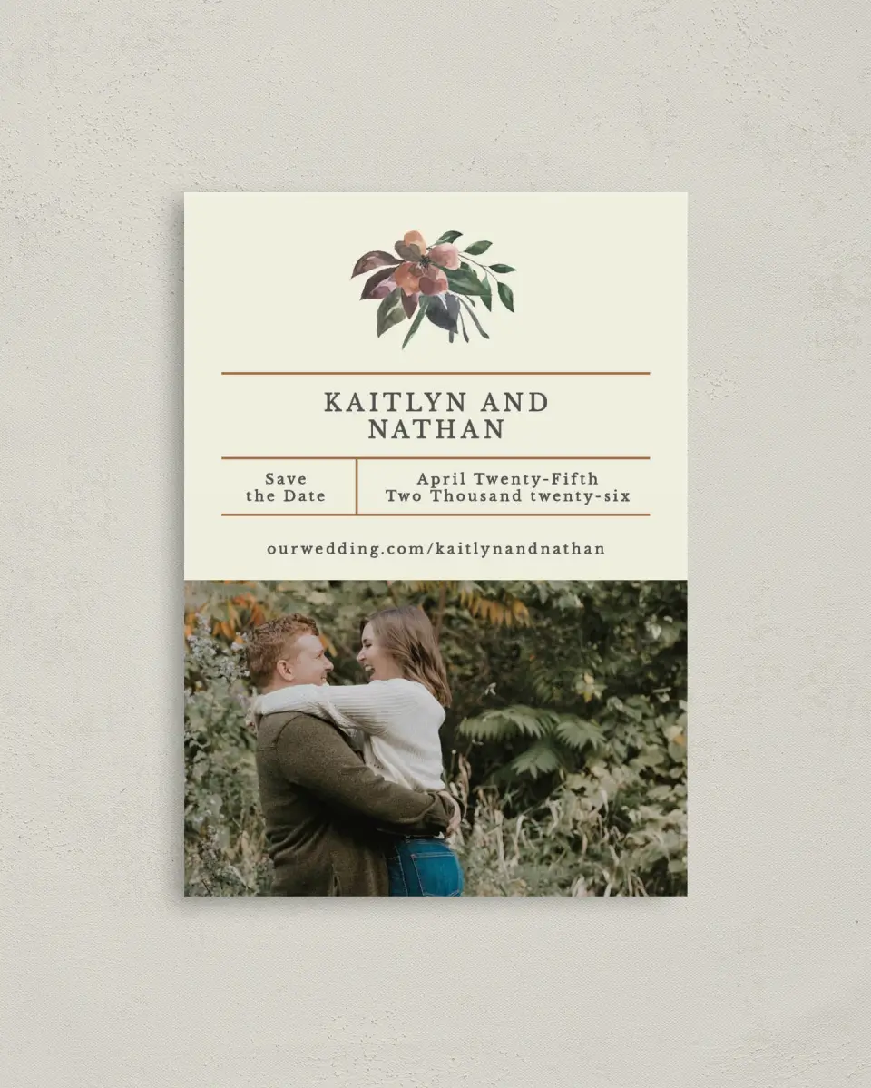 This is a 4" x 5.6" Save the Date Postcard called Golden Blooms printed in full color on Soft Touch Finish paper
