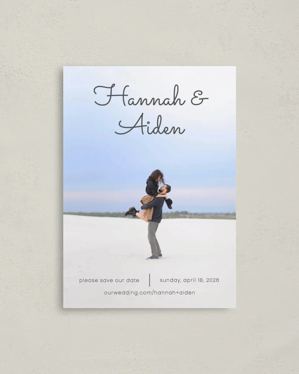 This is a 4" x 5.6" Save the Date Postcard called Watercolor Rapture printed in full color on Soft Touch Finish paper