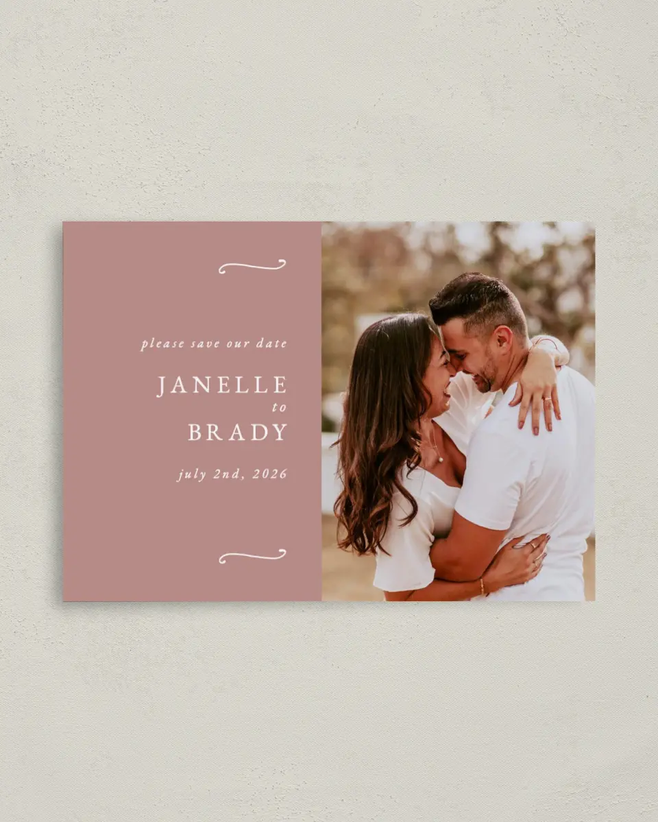 This is a 4" x 5.6" Save the Date Postcard called Modern Whisper printed in full color with Rose Gold foil on Soft Touch Finish paper
