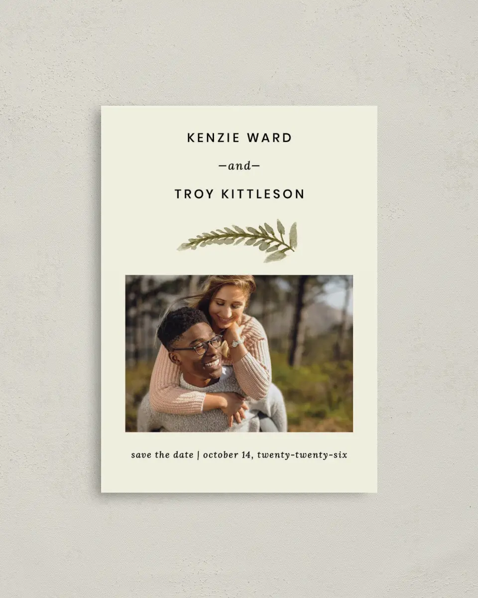 This is a 4" x 5.6" Save the Date Postcard called Faintly Fall printed in full color on Soft Touch Finish paper