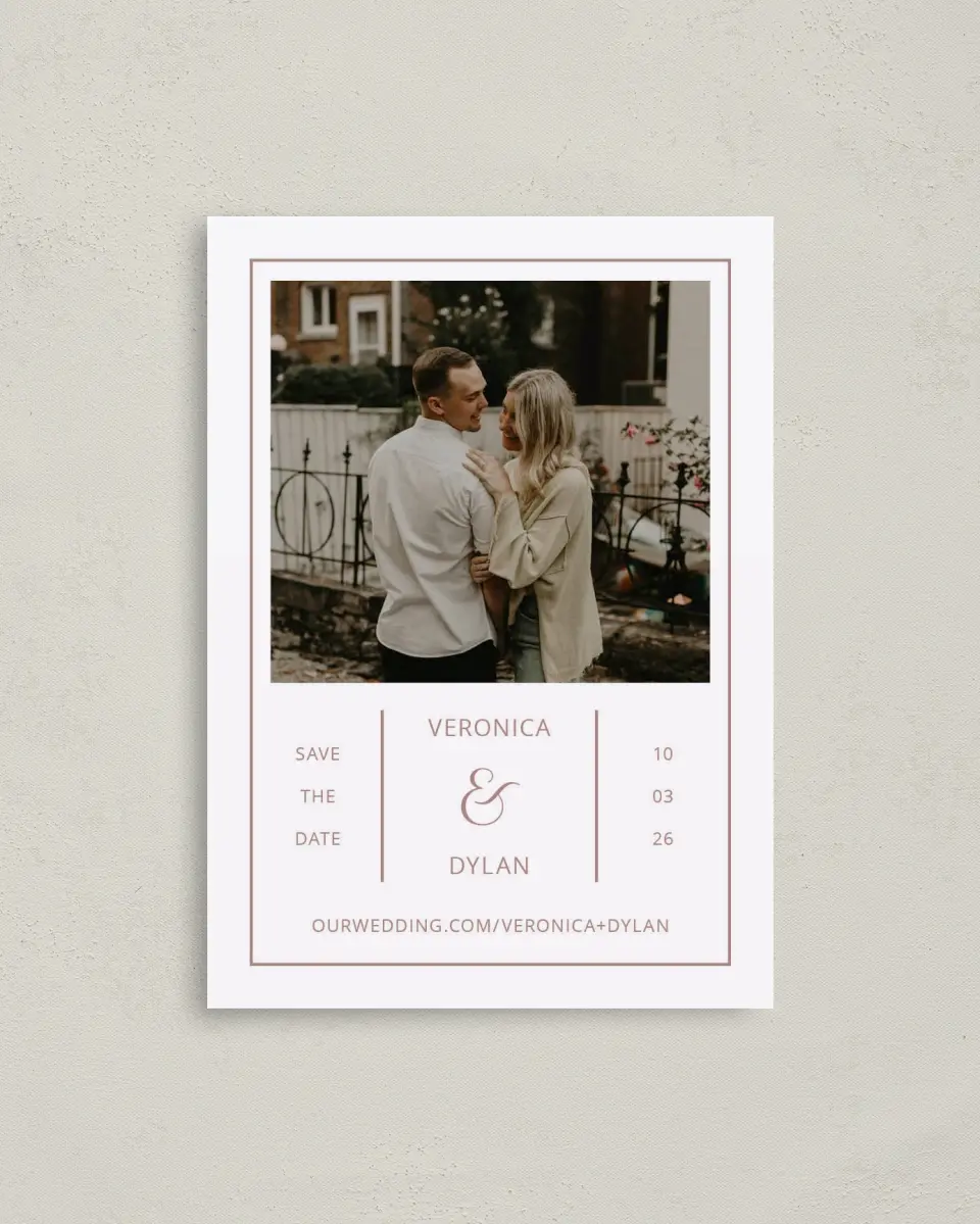 This is a 4" x 5.6" Save the Date Postcard called Neat Arrangement printed in full color on Soft Touch Finish paper