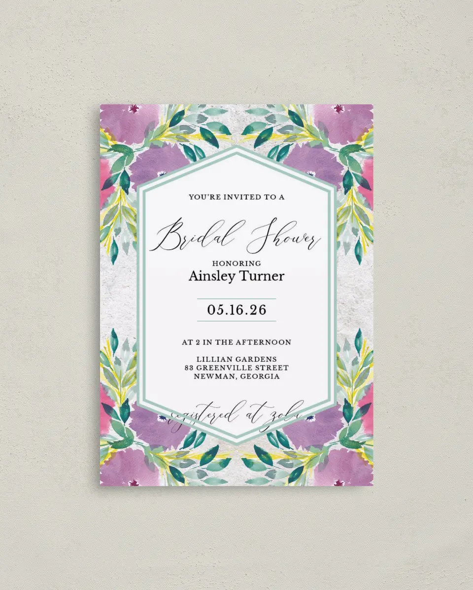 This is a 4" x 5.6" Bridal Shower Invitation Postcard called Wild Blooms printed in full color with Gold foil on Soft Touch Finish paper