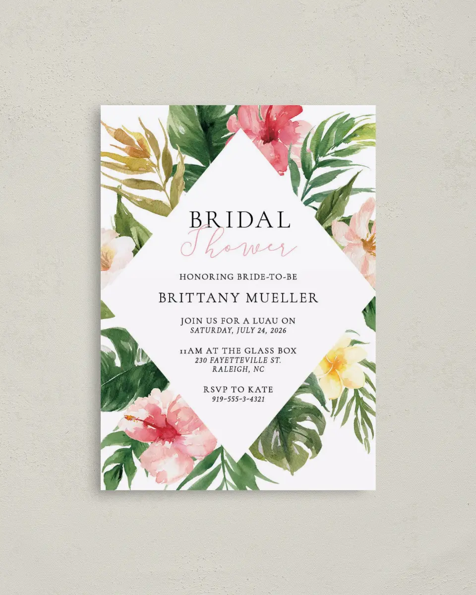 This is a 4" x 5.6" Bridal Shower Invitation Postcard called Lovely Tropics printed in full color with Gold foil on Soft Touch Finish paper