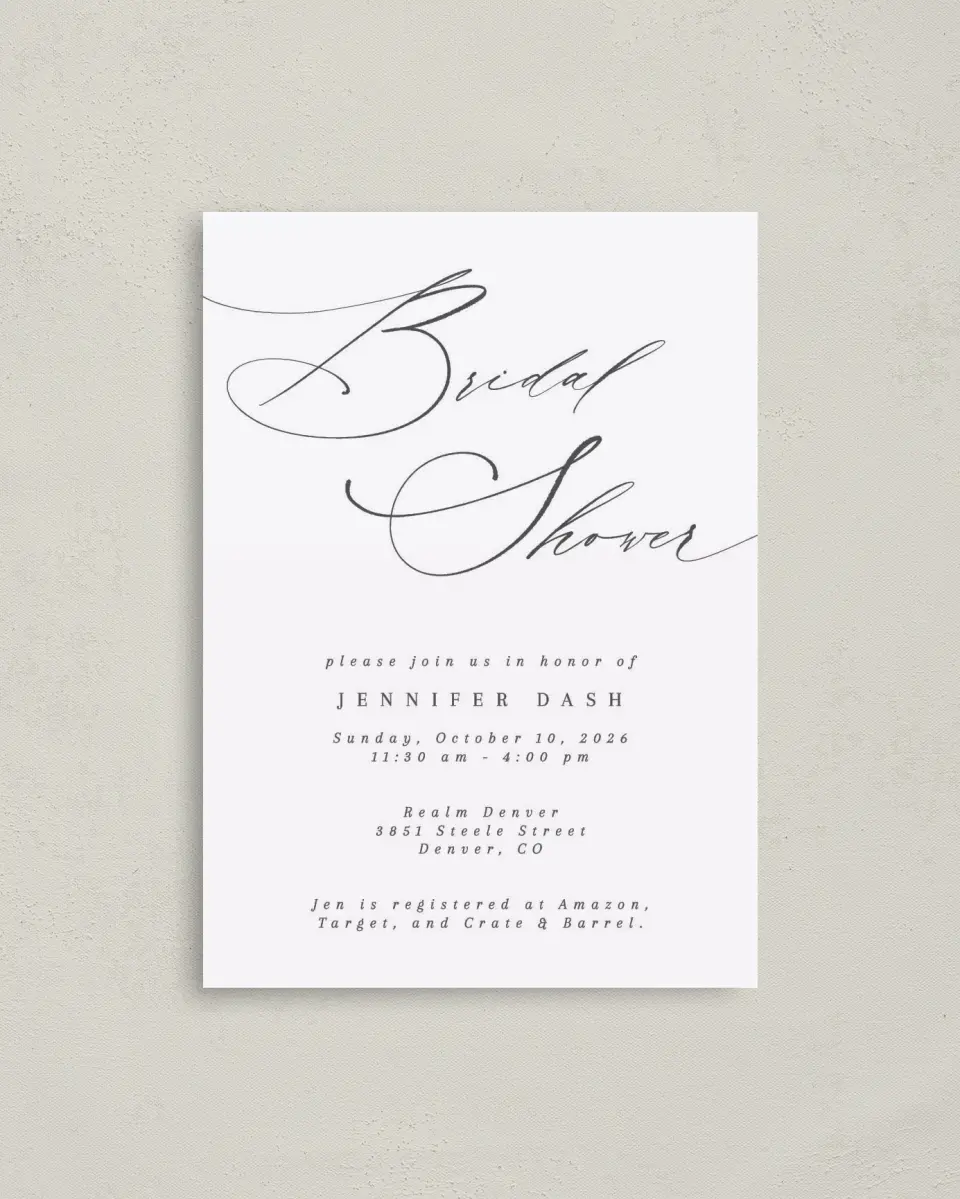 This is a 4" x 5.6" Bridal Shower Invitation Postcard called Soon to be Soiree printed in full color with Gold foil on Soft Touch Finish paper