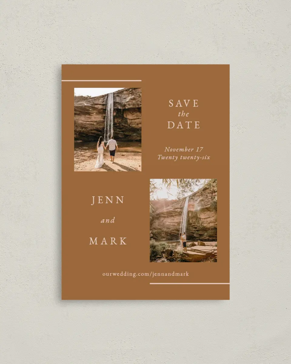 This is a 4" x 5.6" Save the Date Postcard called Adorable Duo printed in full color on Soft Touch Finish paper