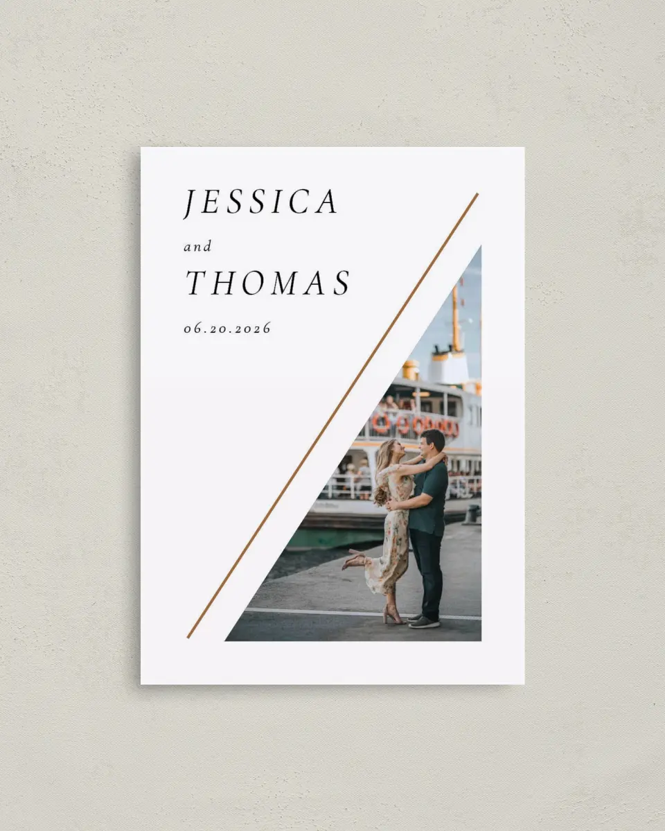 This is a 4" x 5.6" Save the Date Postcard called Sneak Peek printed in full color on Soft Touch Finish paper