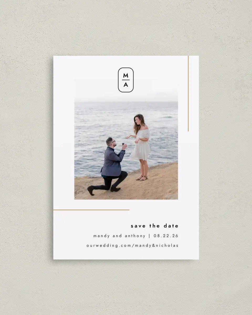 This is a 4" x 5.6" Save the Date Postcard called The Proposal printed in full color on Soft Touch Finish paper