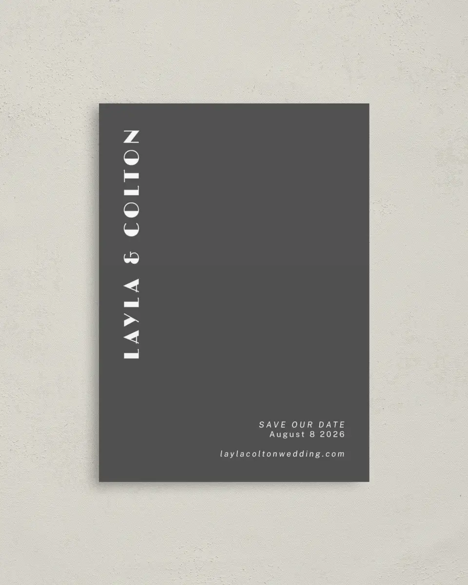 This is a 4" x 5.6" Save the Date Postcard called Boldly Forward printed in full color on Soft Touch Finish paper