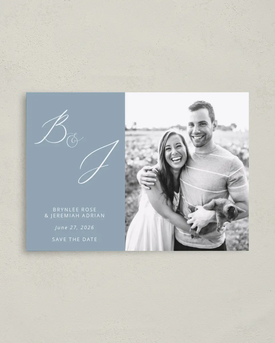 This is a 4" x 5.6" Save the Date Postcard called Simple Embrace printed in full color on Soft Touch Finish paper