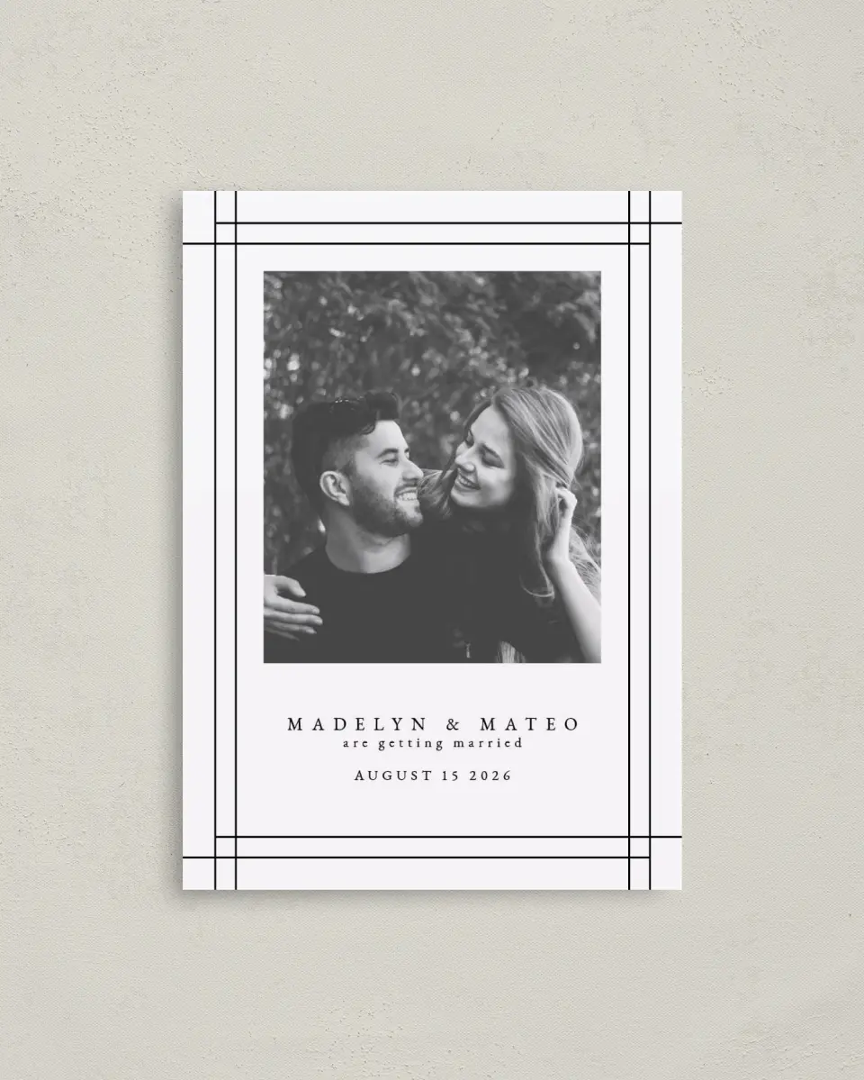 This is a 4" x 5.6" Save the Date Postcard called Mod Frame printed in full color on Soft Touch Finish paper