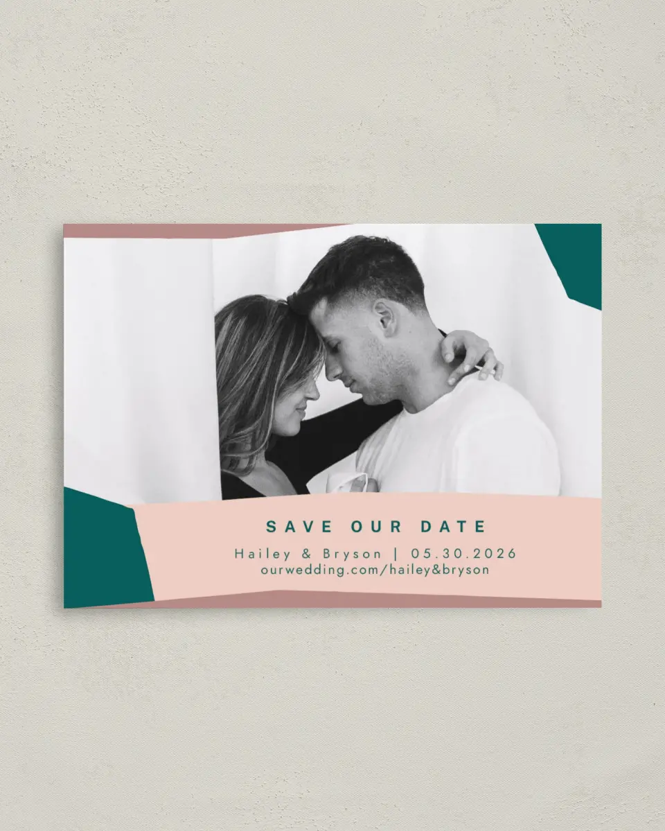 This is a 4" x 5.6" Save the Date Postcard called Shaped Love printed in full color on Soft Touch Finish paper