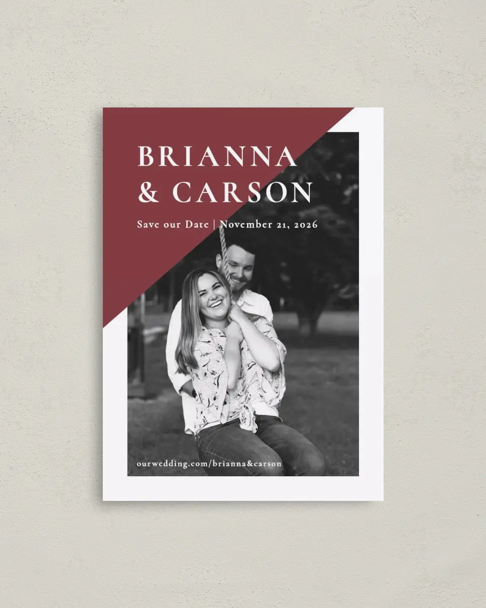 This is a 4" x 5.6" Save the Date Postcard called Bold Banner printed in full color on Soft Touch Finish paper