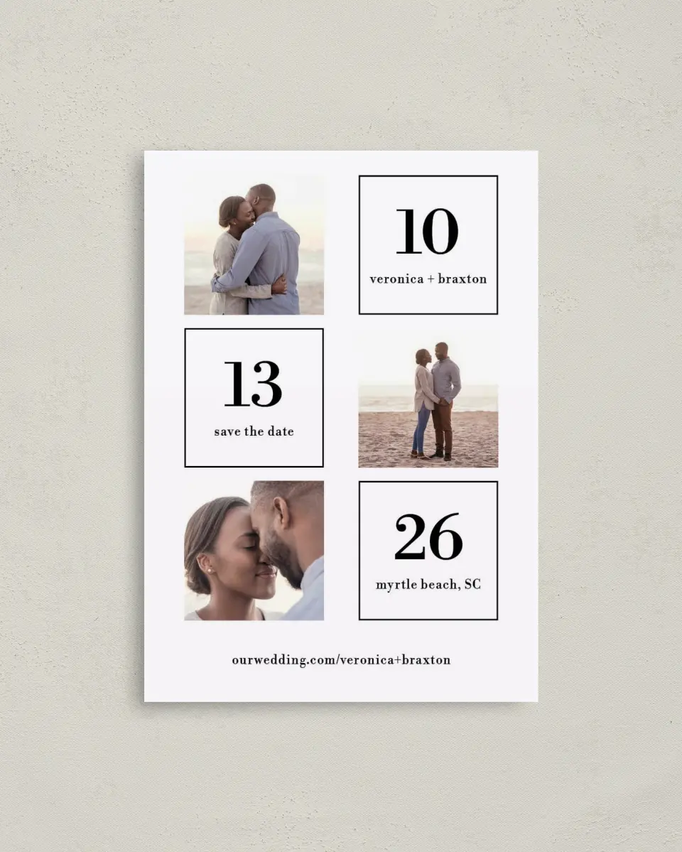 This is a 4" x 5.6" Save the Date Postcard called Stacked Squares printed in full color with Rose Gold foil on Soft Touch Finish paper