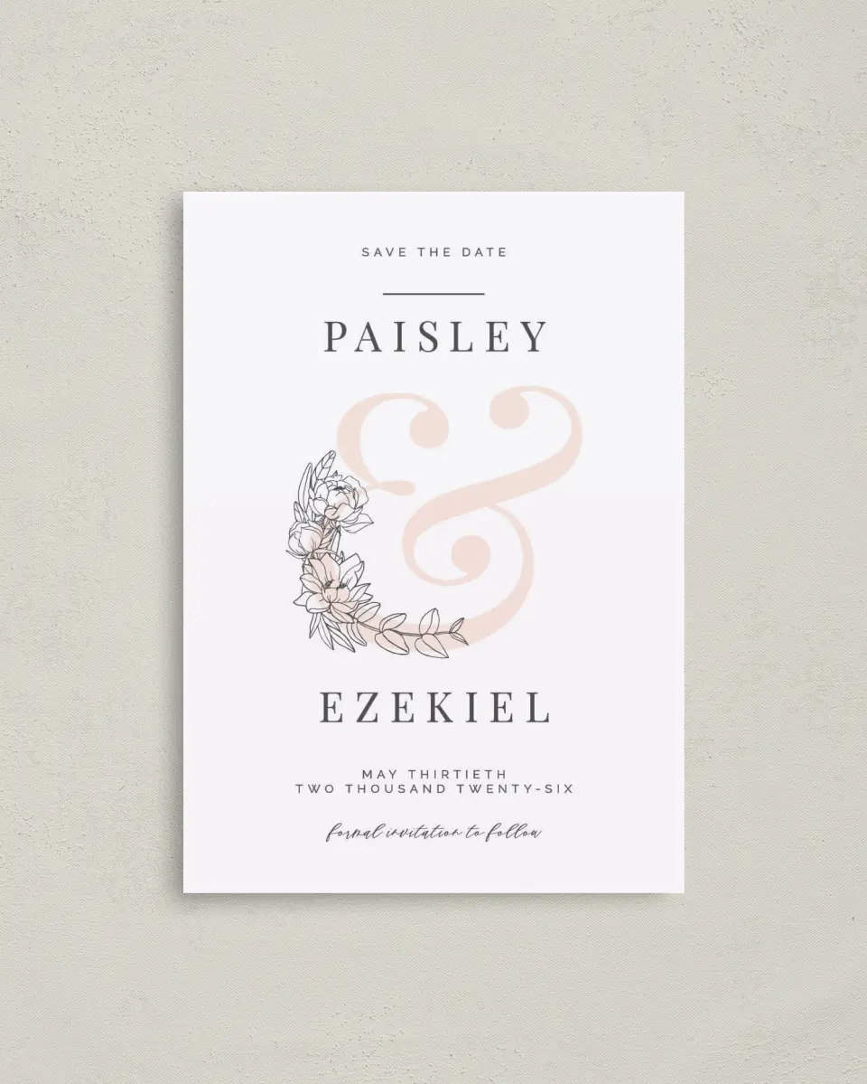 This is a 4" x 5.6" Save the Date Postcard called Floral Outline printed in full color on Soft Touch Finish paper