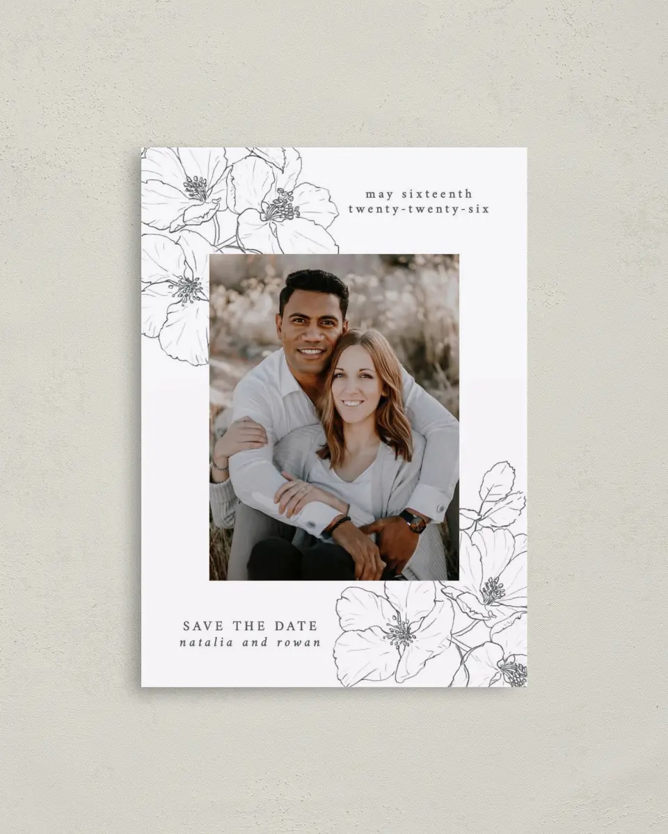 This is a 4" x 5.6" Save the Date Postcard called Hibiscus Hideaway printed in full color on Soft Touch Finish paper