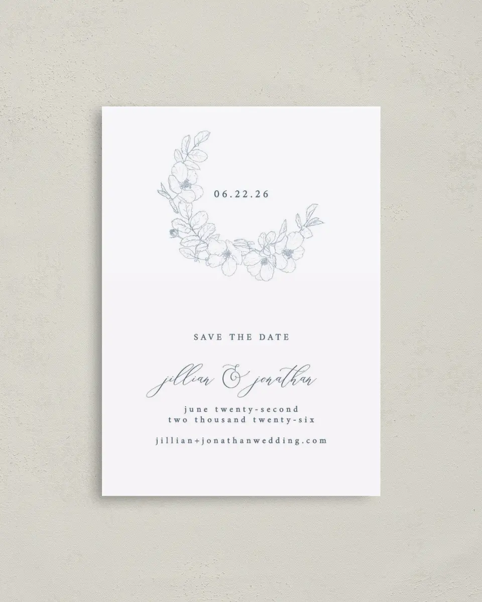 This is a 4" x 5.6" Save the Date Postcard called Floral Sketch printed in full color on Soft Touch Finish paper