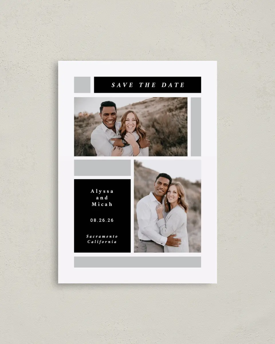 This is a 4" x 5.6" Save the Date Postcard called Framed Boxes printed in full color on Soft Touch Finish paper