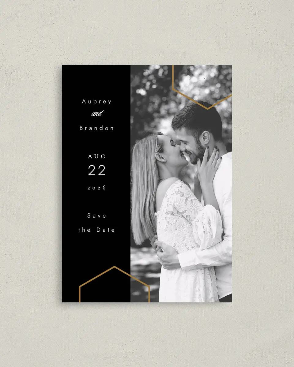 This is a 4" x 5.6" Save the Date Postcard called Love's Ribbon printed in full color on Soft Touch Finish paper
