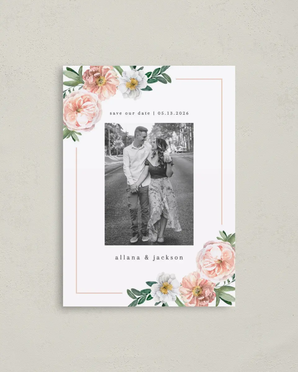 This is a 4" x 5.6" Save the Date Postcard called Delicate Florals printed in full color on Soft Touch Finish paper