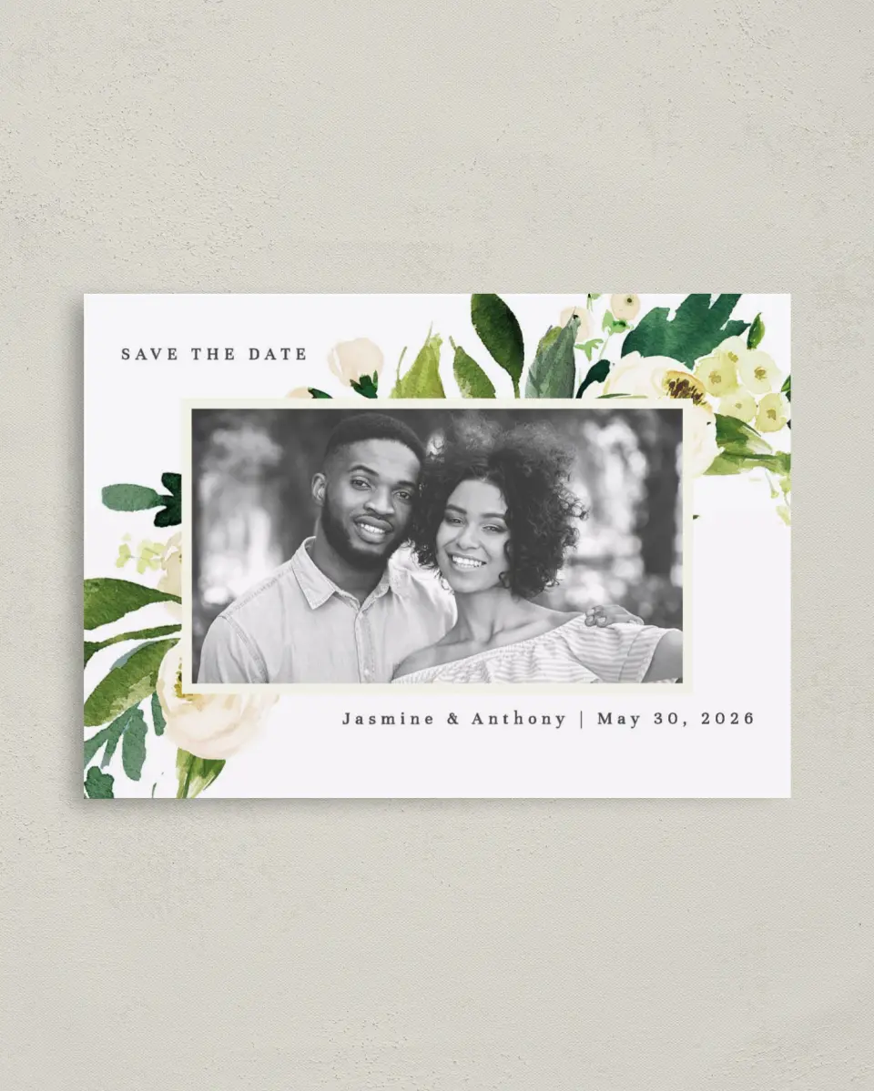 This is a 4" x 5.6" Save the Date Postcard called Wedding Florals printed in full color with Rose Gold foil on Soft Touch Finish paper