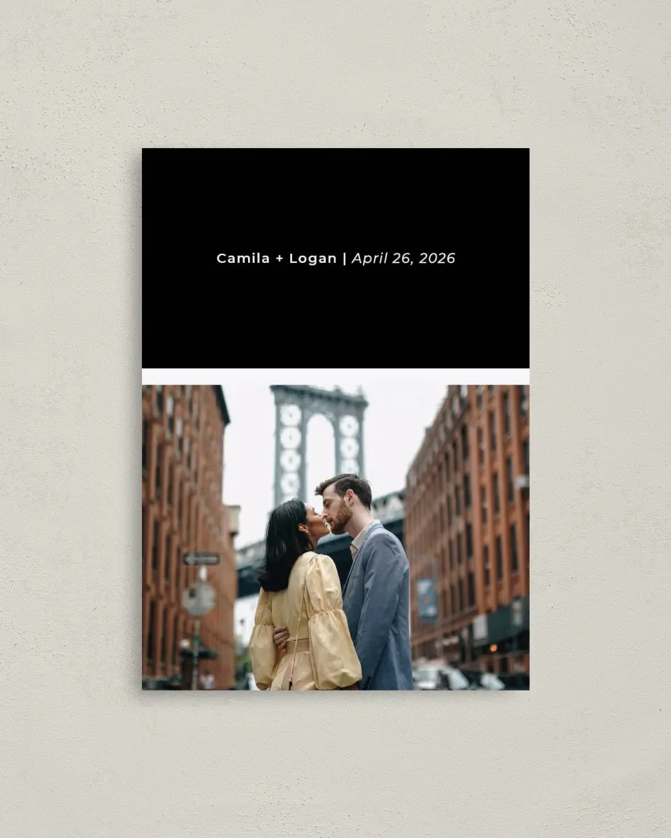 This is a 4" x 5.6" Save the Date Postcard called Bold Heading printed in full color on Soft Touch Finish paper