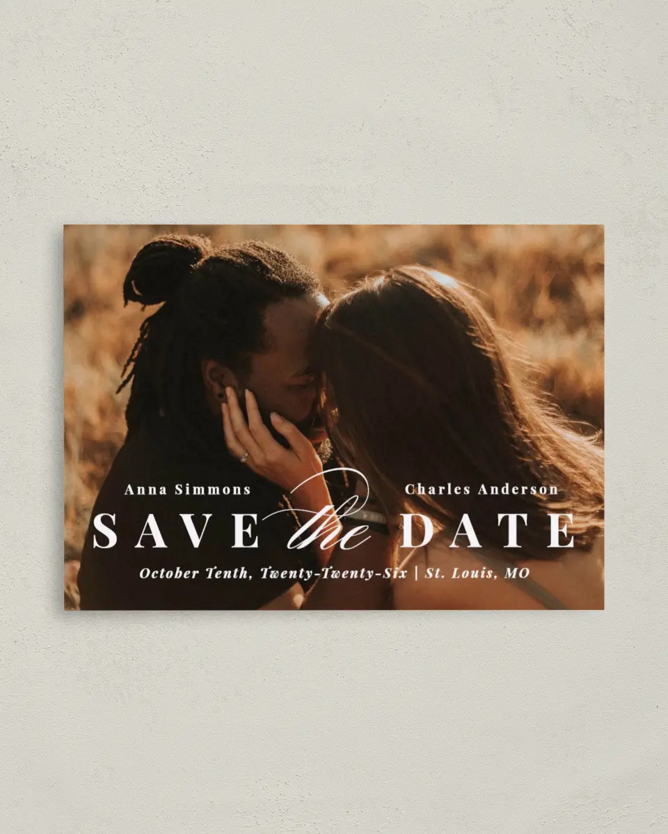 This is a 4" x 5.6" Save the Date Postcard called Heavenly Bliss printed in full color on Soft Touch Finish paper