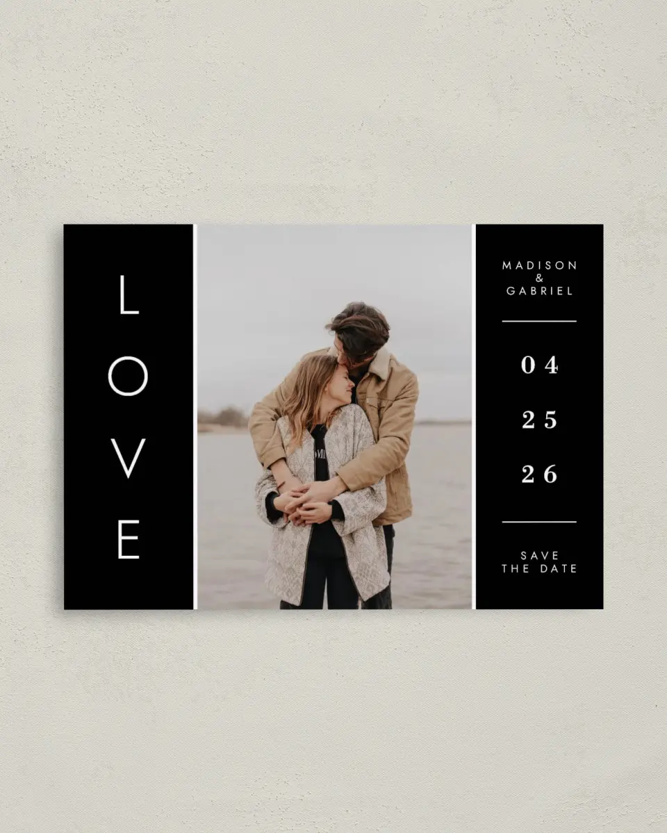 This is a 4" x 5.6" Save the Date Postcard called Cozy Love printed in full color on Soft Touch Finish paper