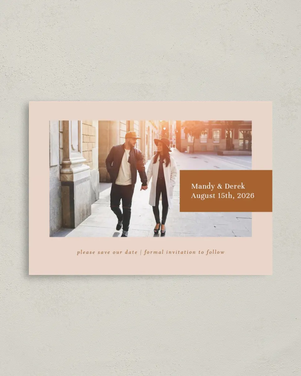 This is a 4" x 5.6" Save the Date Postcard called Morning Sun printed in full color on Soft Touch Finish paper