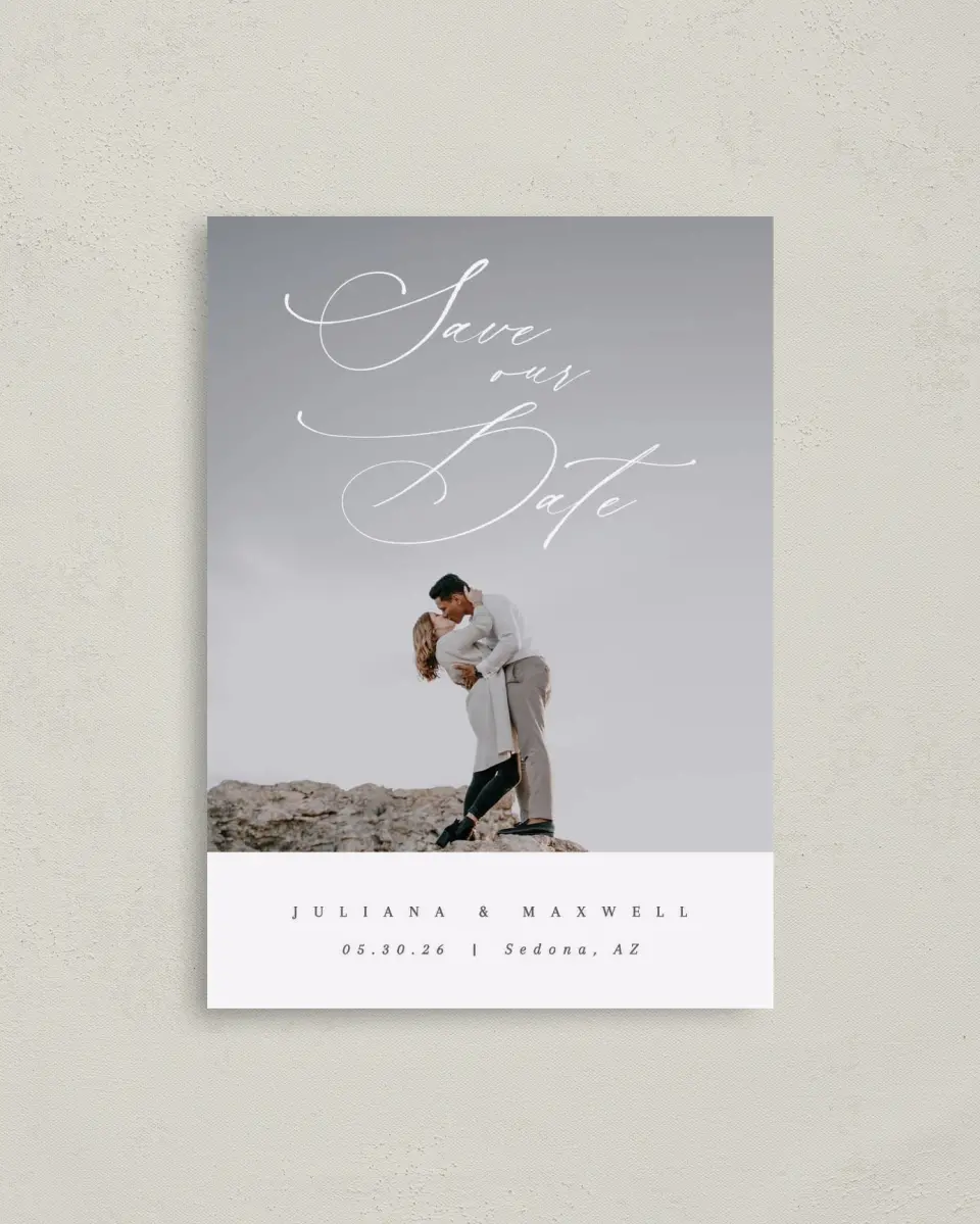 This is a 4" x 5.6" Save the Date Postcard called Loveswept printed in full color with Rose Gold foil on Soft Touch Finish paper