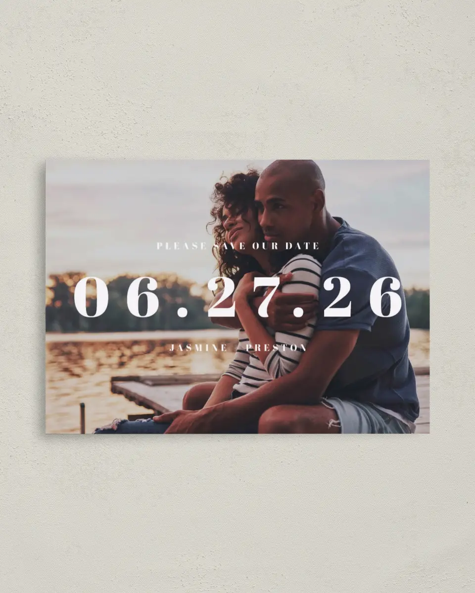 This is a 4" x 5.6" Save the Date Postcard called Bold Date printed in full color on Soft Touch Finish paper