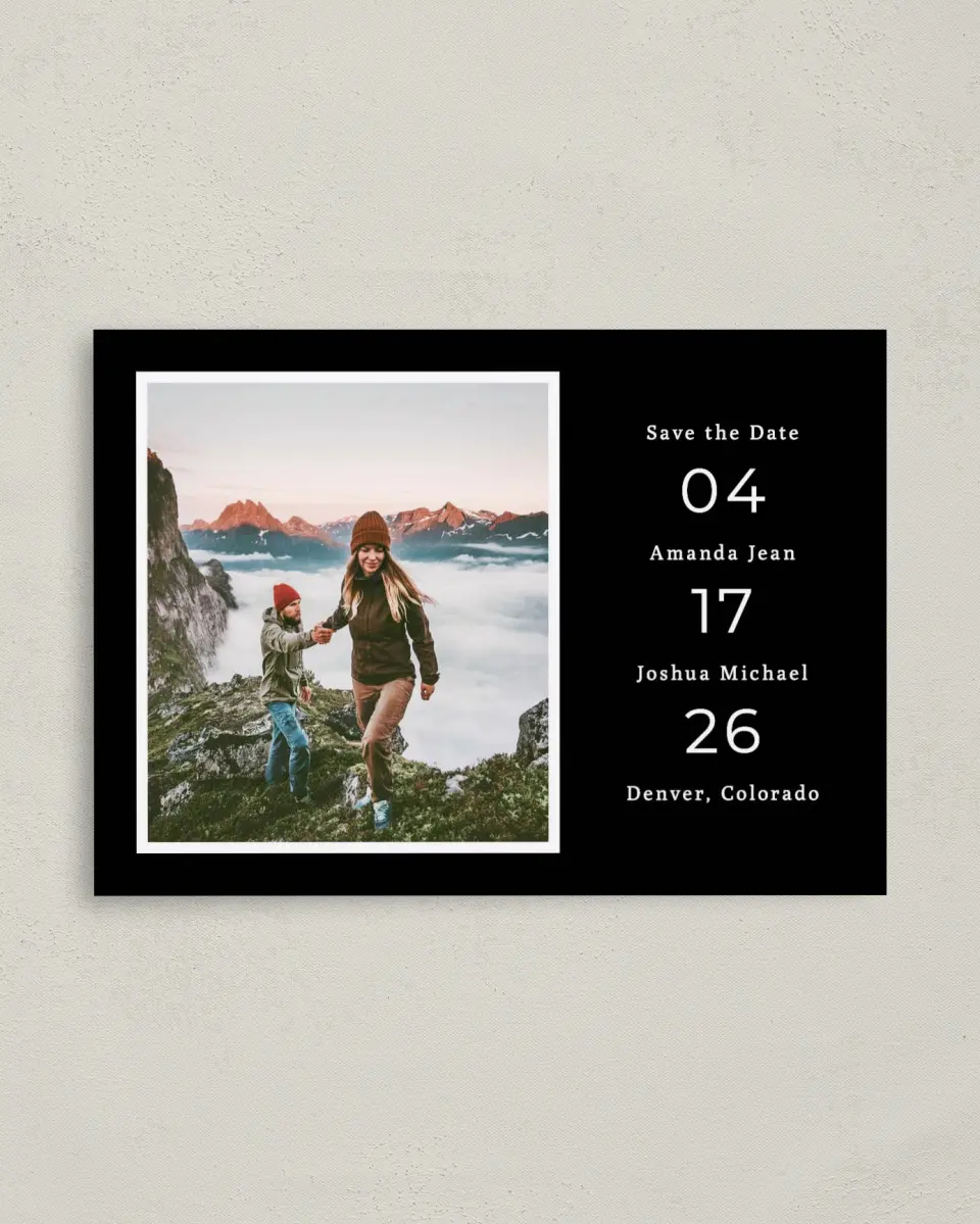 This is a 4" x 5.6" Save the Date Postcard called Framed Vista printed in full color on Soft Touch Finish paper