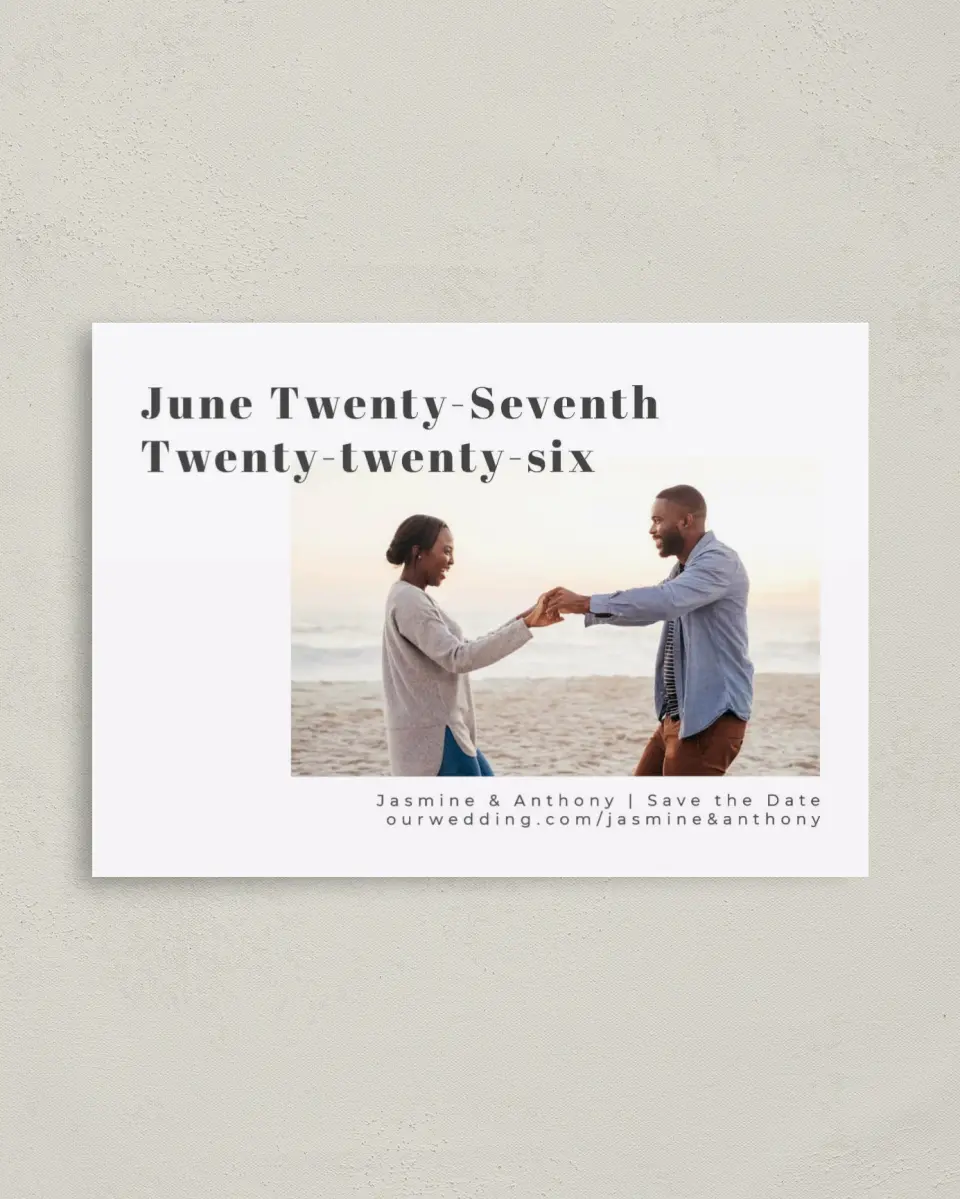 This is a 4" x 5.6" Save the Date Postcard called Forever Love printed in full color on Soft Touch Finish paper