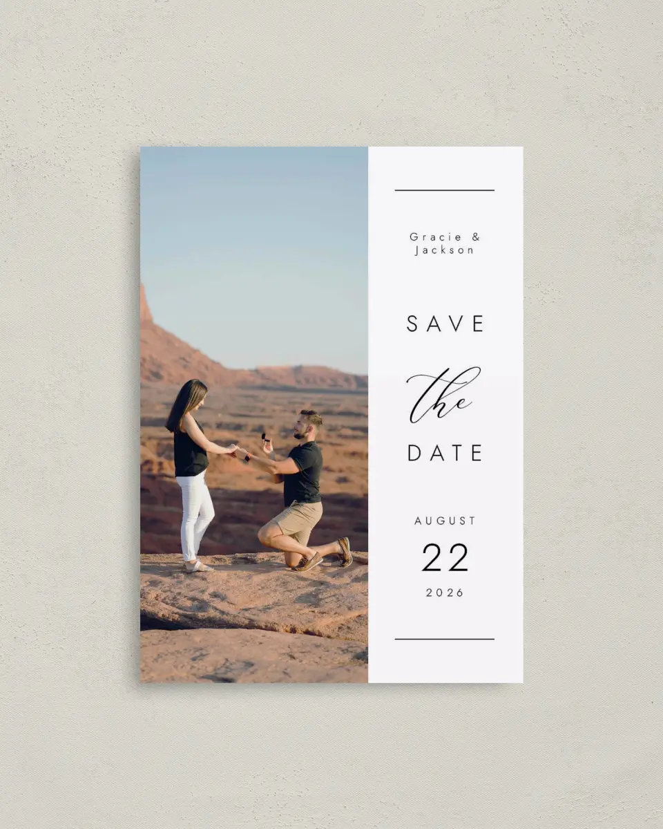 This is a 4" x 5.6" Save the Date Postcard called Perfect Together printed in full color with Rose Gold foil on Soft Touch Finish paper