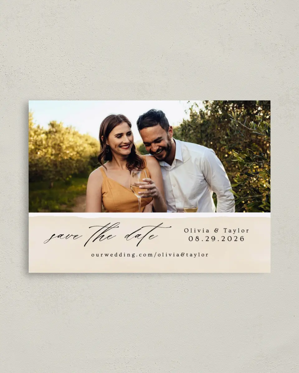 This is a 4" x 5.6" Save the Date Postcard called Sweeping Romance printed in full color on Soft Touch Finish paper