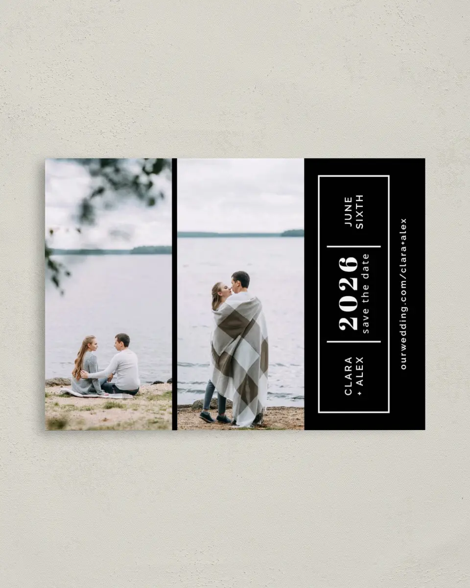 This is a 4" x 5.6" Save the Date Postcard called Sweet Glimpse printed in full color on Soft Touch Finish paper