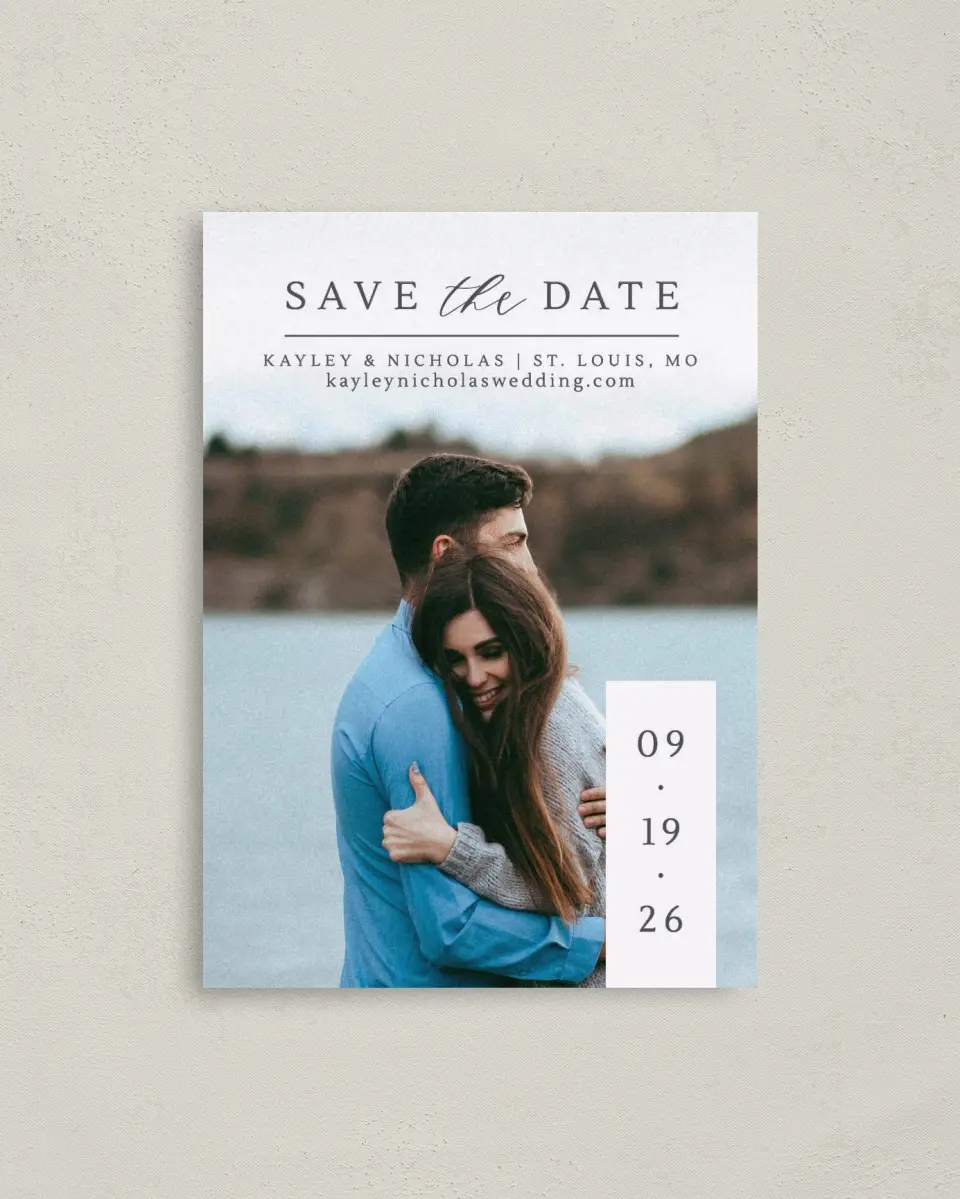 This is a 4" x 5.6" Save the Date Postcard called Date Block printed in full color with Rose Gold foil on Soft Touch Finish paper