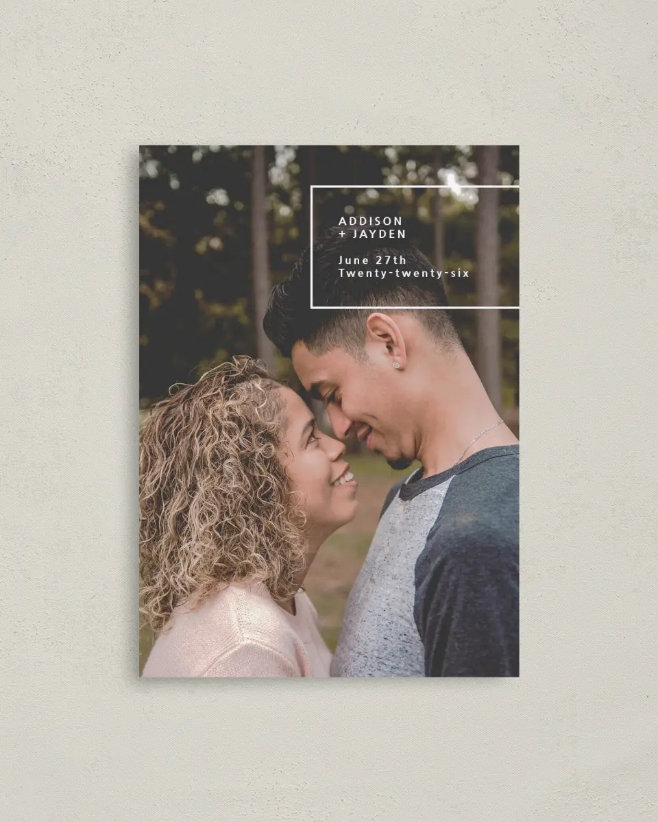 This is a 4" x 5.6" Save the Date Postcard called All Yours printed in full color with Rose Gold foil on Soft Touch Finish paper