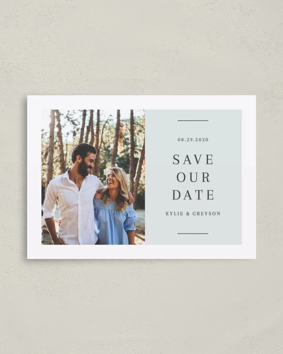 This is a 4" x 5.6" Save the Date Postcard called Sweet Request printed in full color on Soft Touch Finish paper