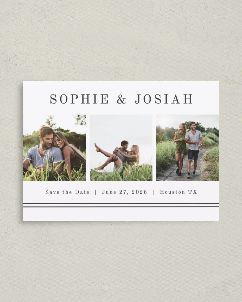 This is a 4" x 5.6" Save the Date Postcard called Fun Photostrip printed in full color on Soft Touch Finish paper