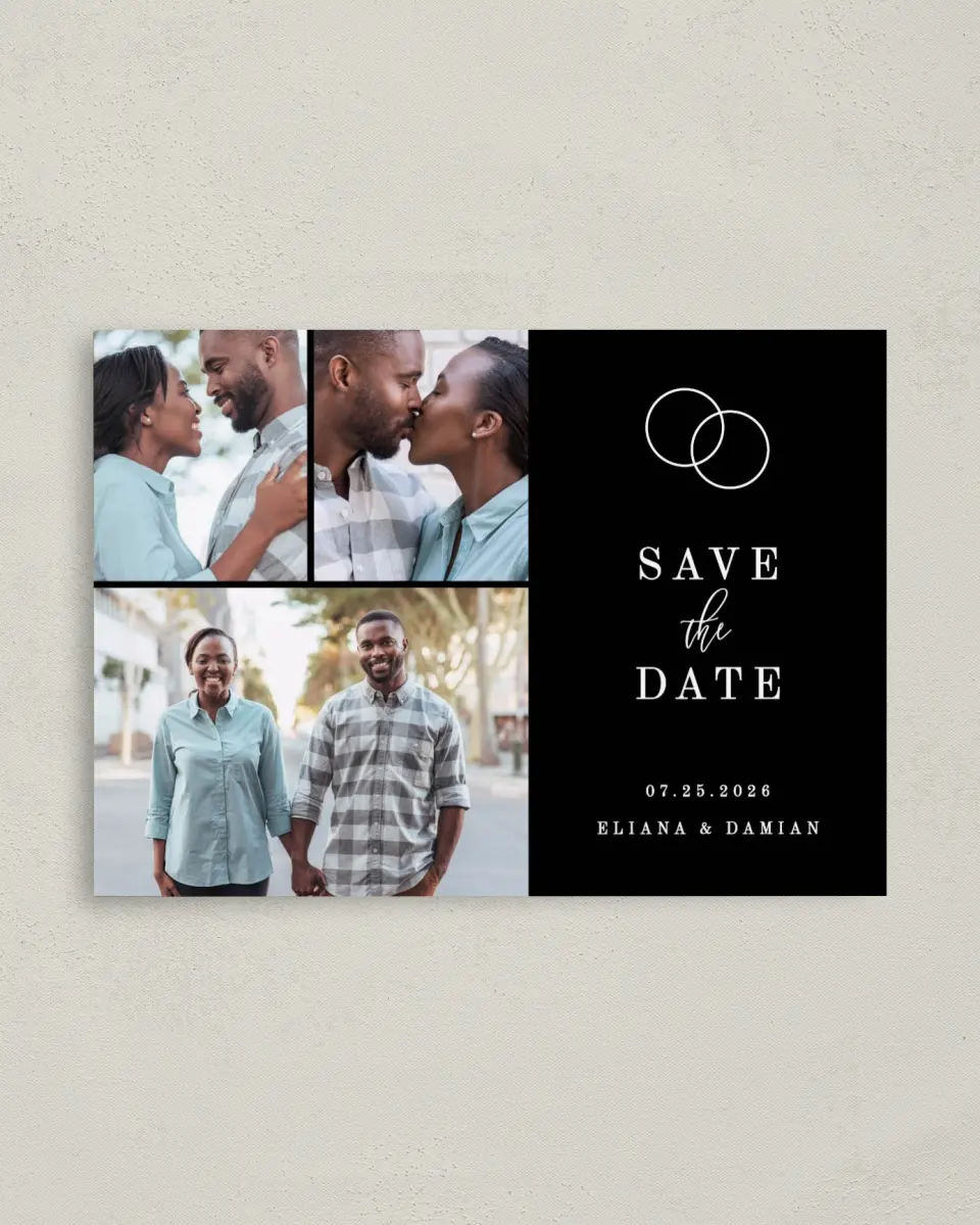 This is a 4" x 5.6" Save the Date Postcard called Intertwined printed in full color on Soft Touch Finish paper