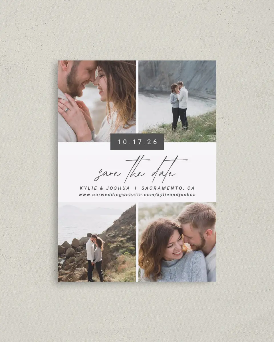 This is a 4" x 5.6" Save the Date Postcard called Corner Photos printed in full color on Soft Touch Finish paper
