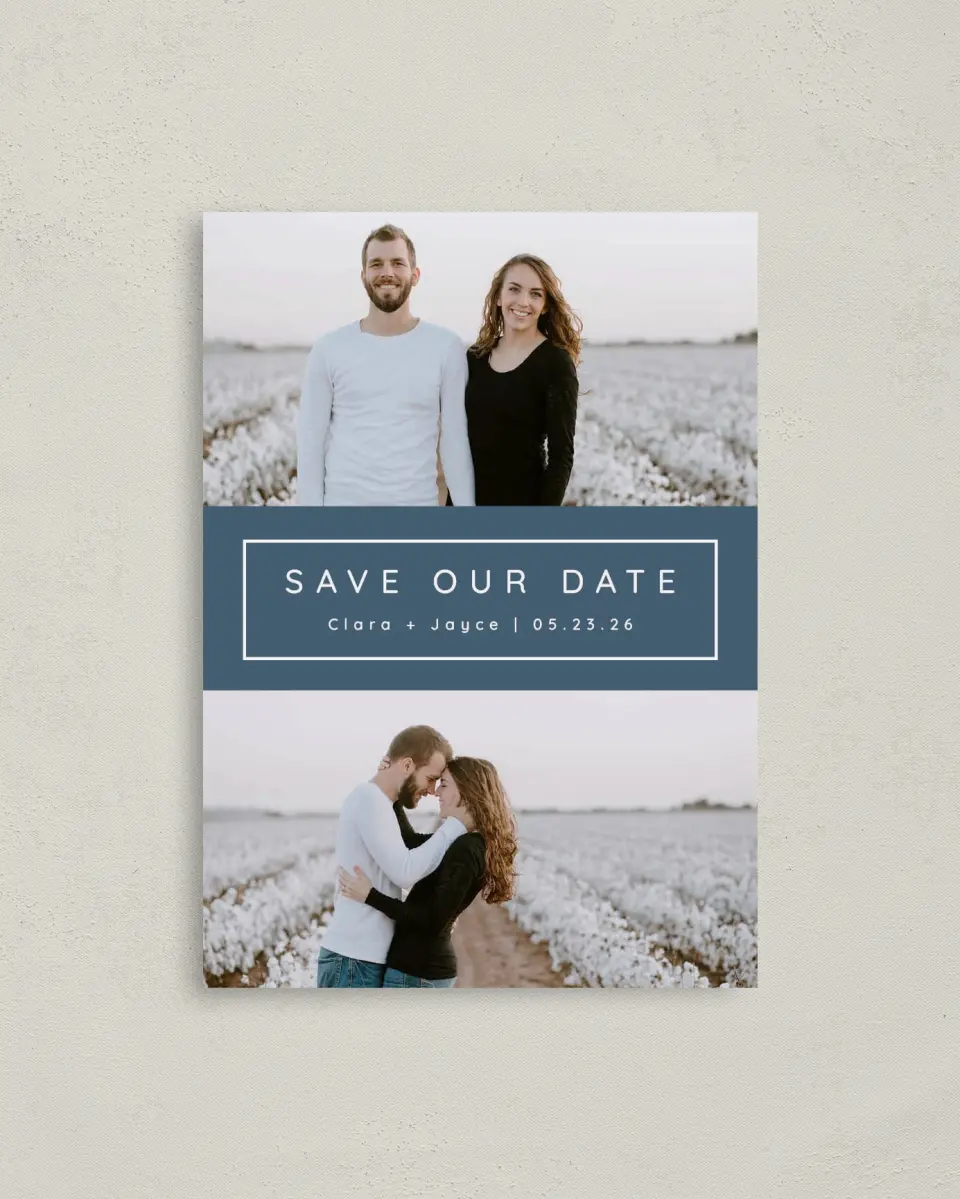 This is a 4" x 5.6" Save the Date Postcard called Field of Blooms printed in full color on Soft Touch Finish paper