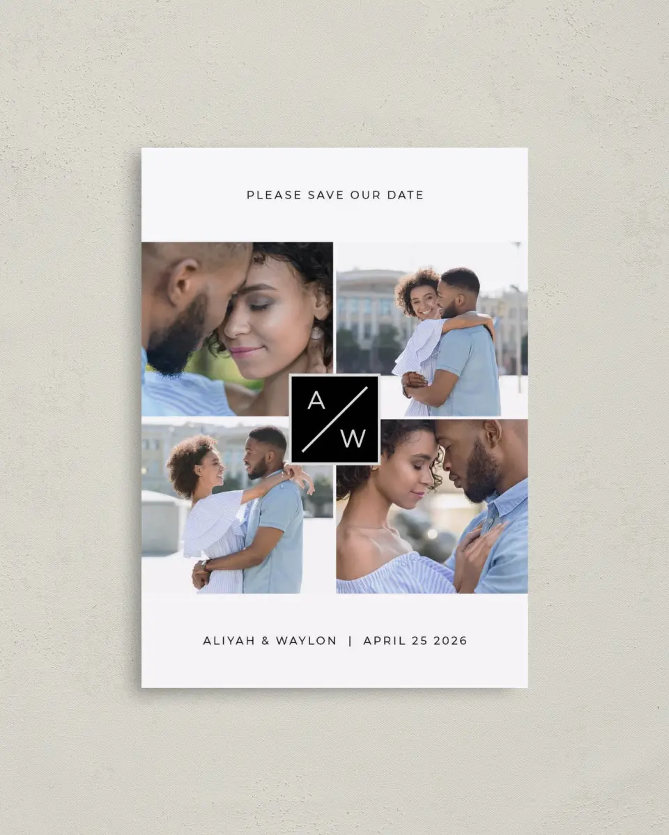 This is a 4" x 5.6" Save the Date Postcard called Monogram Cornerstone printed in full color on Soft Touch Finish paper