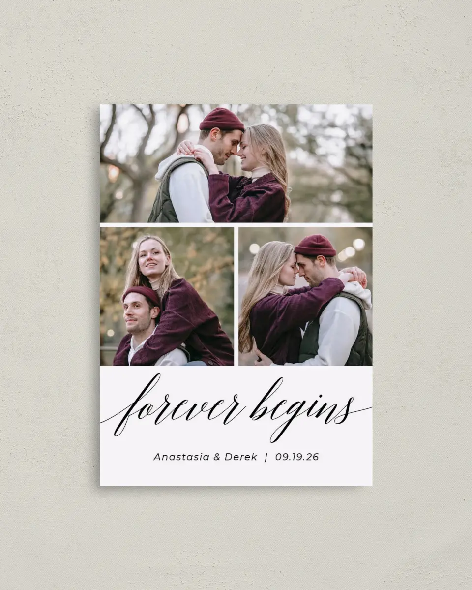 This is a 4" x 5.6" Save the Date Postcard called Forever printed in full color with Rose Gold foil on Soft Touch Finish paper