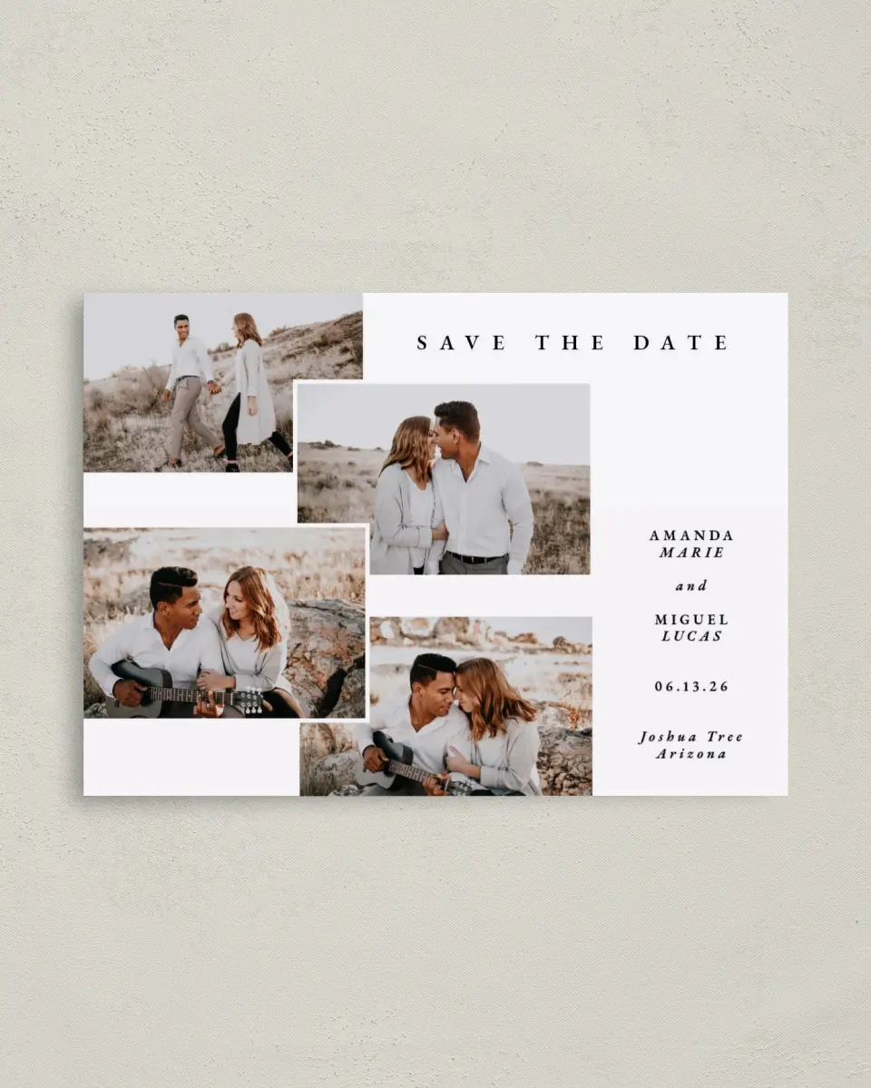 This is a 4" x 5.6" Save the Date Postcard called Calm Collage printed in full color on Soft Touch Finish paper