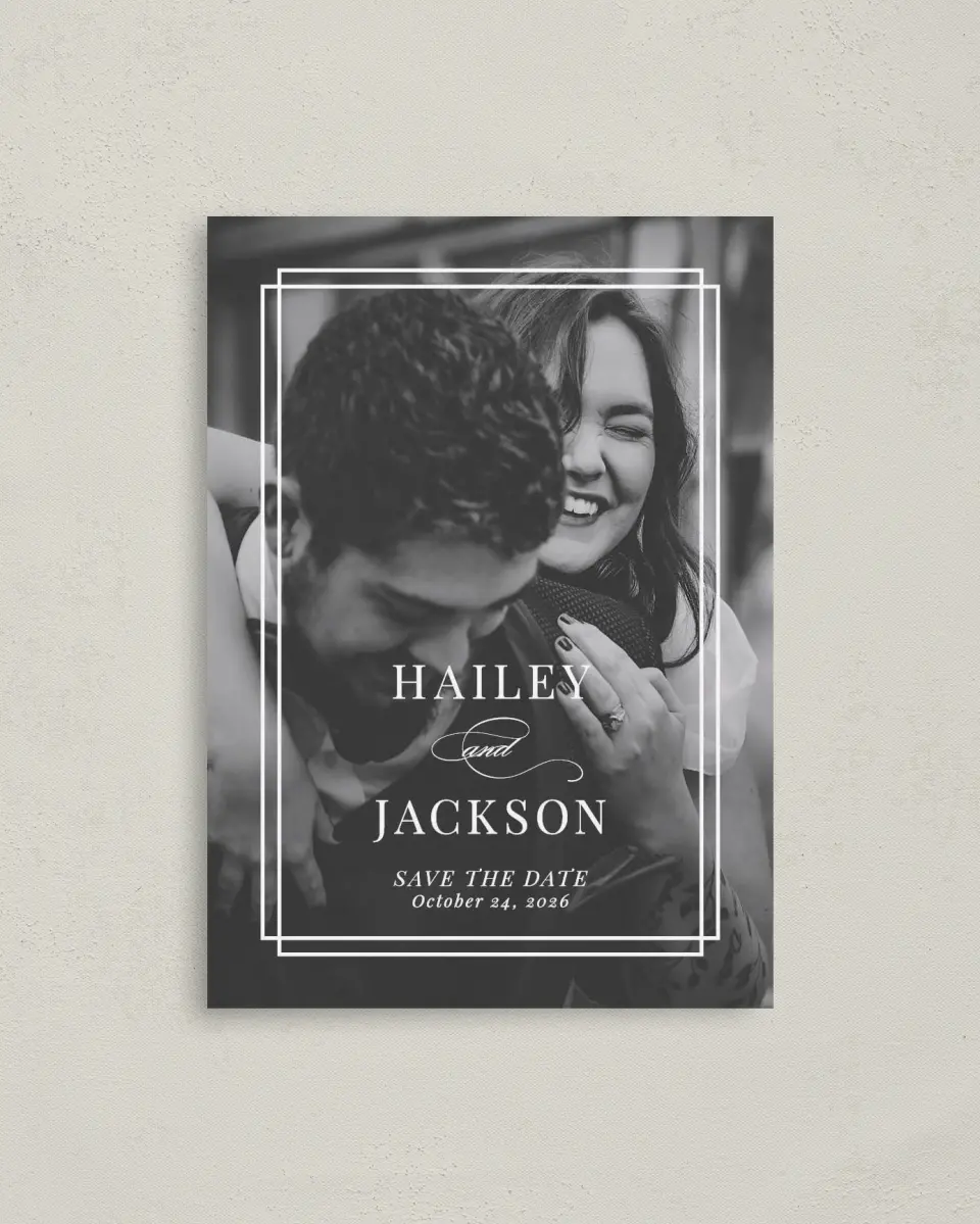 This is a 4" x 5.6" Save the Date Postcard called Because You're Mine printed in full color on Soft Touch Finish paper