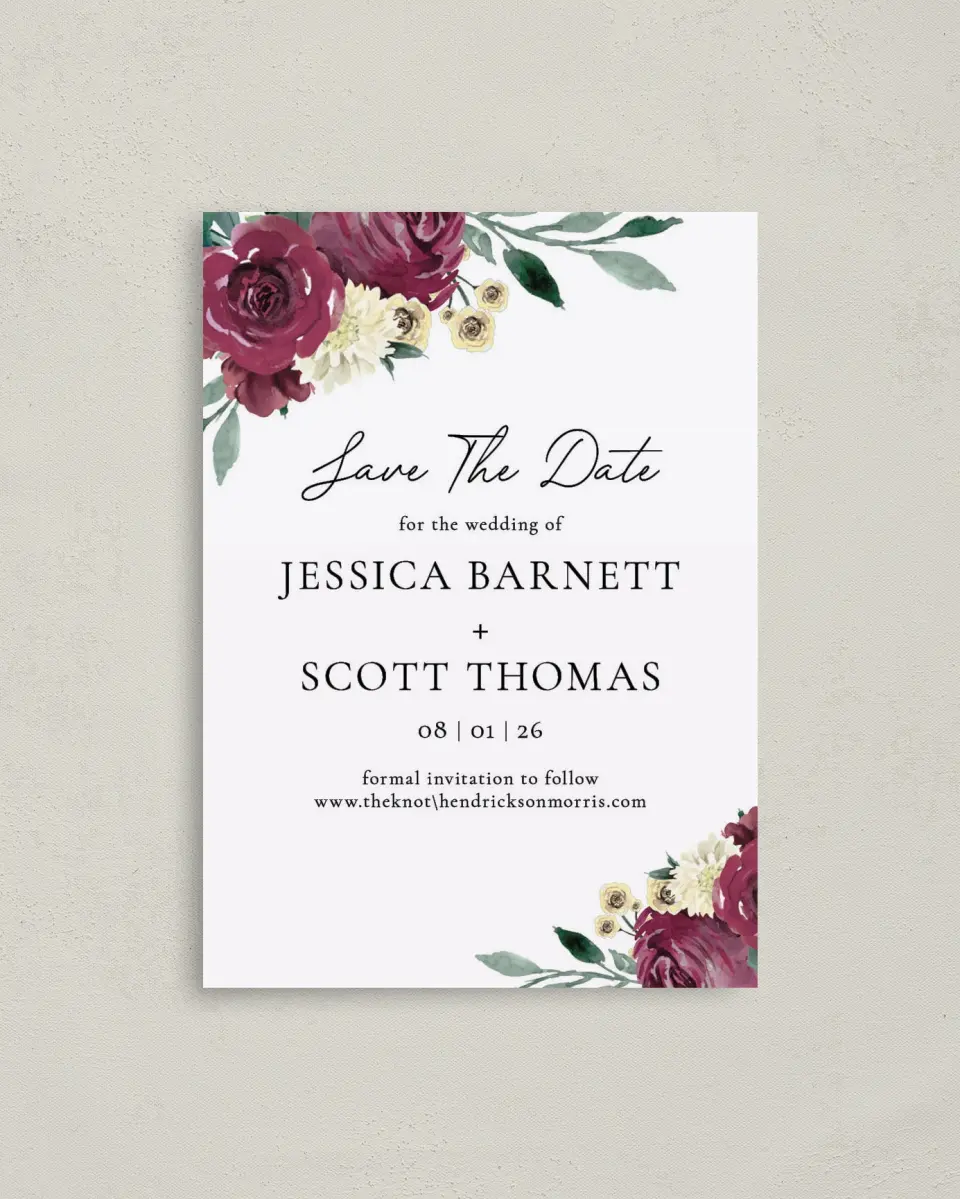 This is a 4" x 5.6" Save the Date Postcard called Floral Touch printed in full color on Soft Touch Finish paper