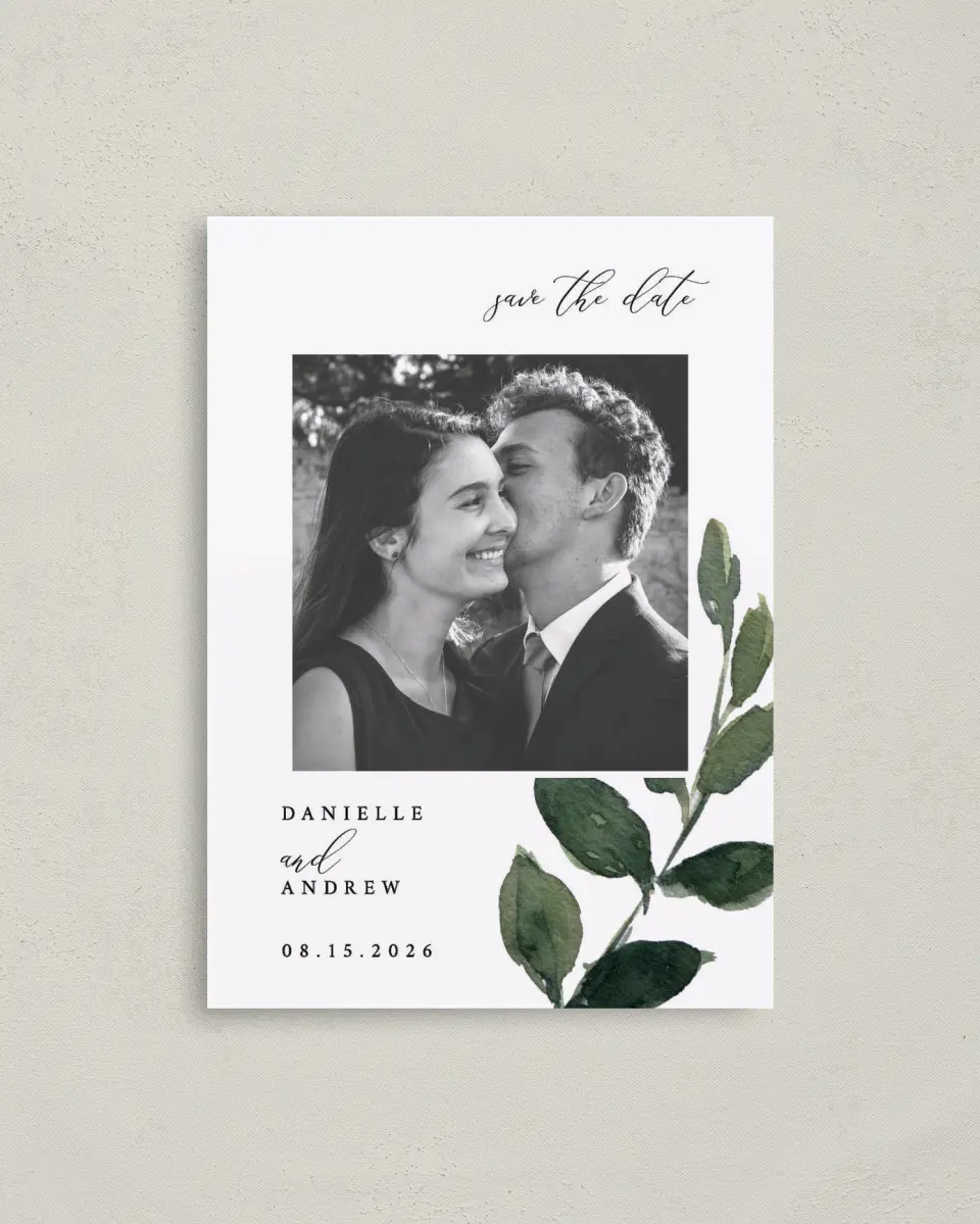 This is a 4" x 5.6" Save the Date Postcard called All for Love printed in full color on Soft Touch Finish paper