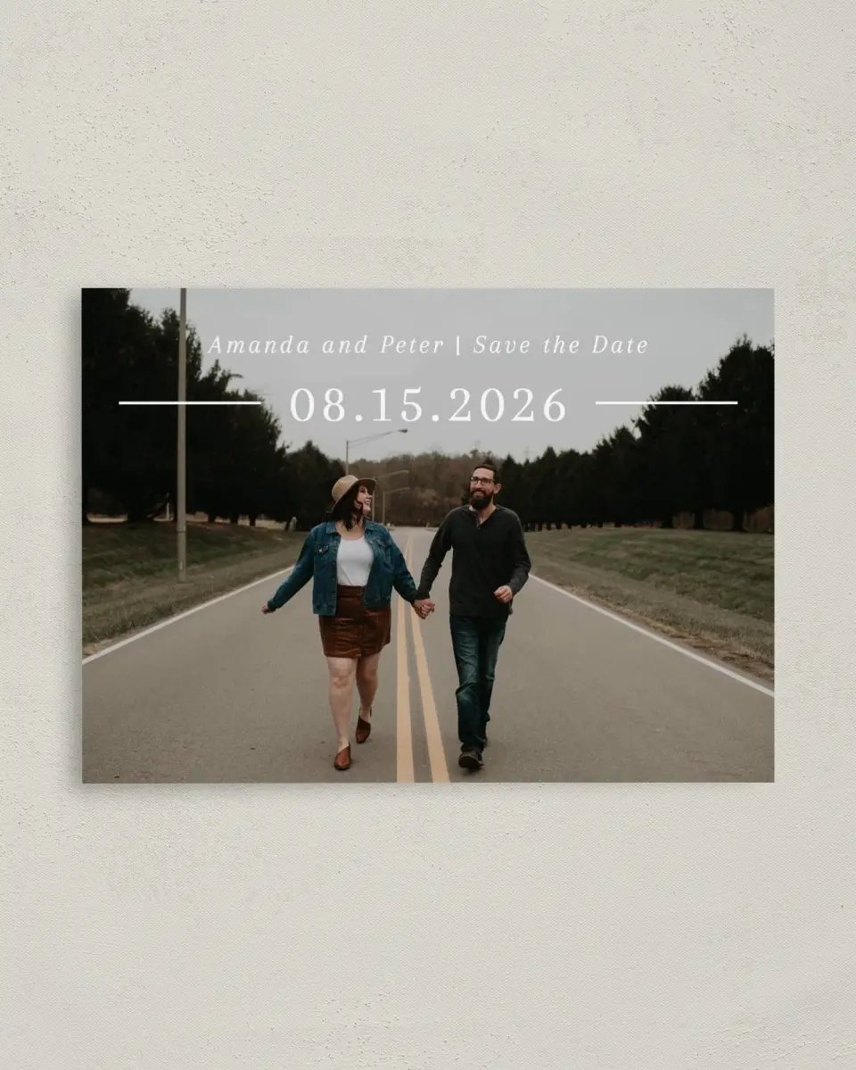 This is a 4" x 5.6" Save the Date Postcard called Ethereal Evergreens printed in full color on Soft Touch Finish paper